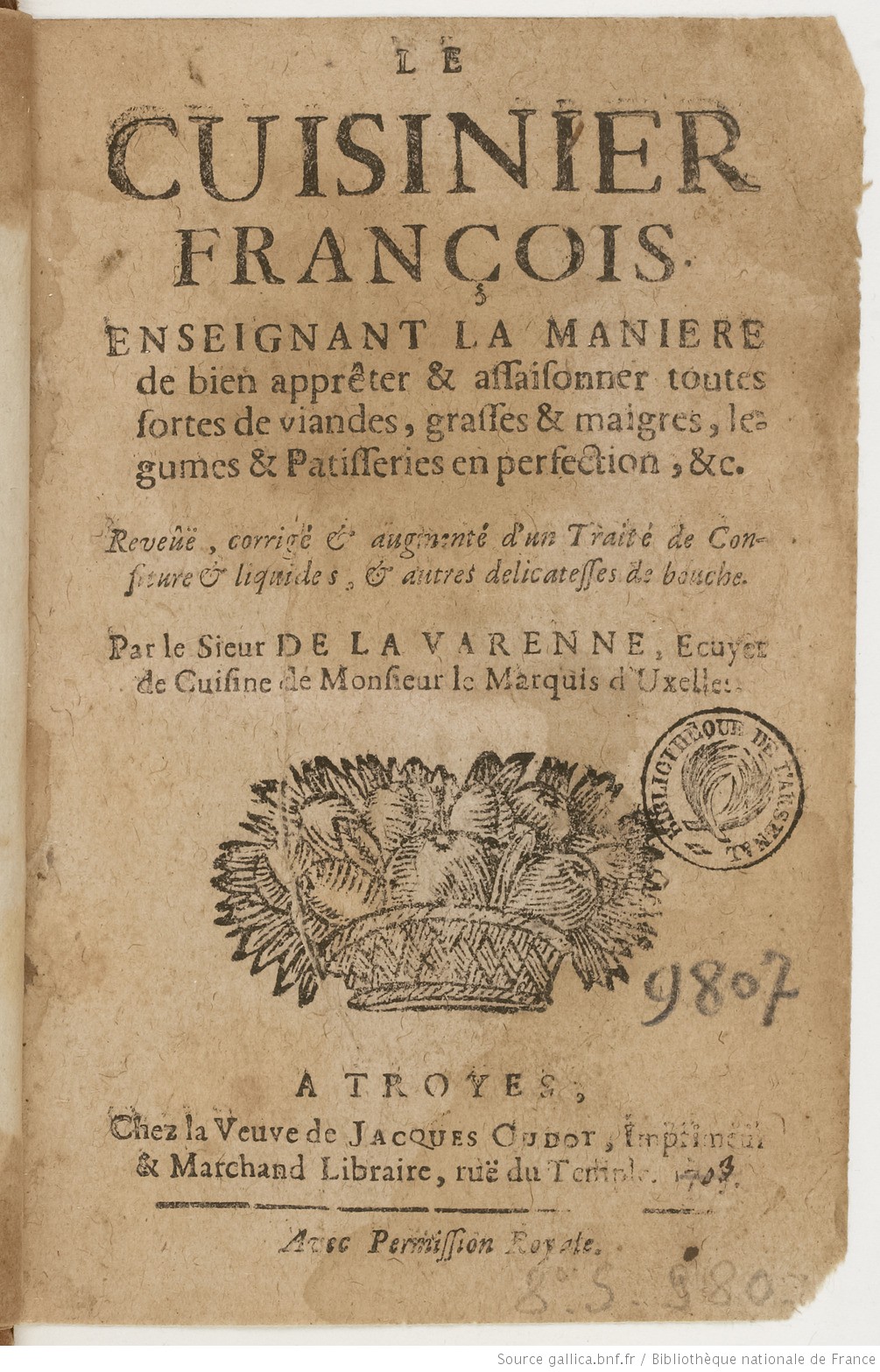 Ranskankielisen keittokirjan kansi, jossa ranskalaista tekstiä. 