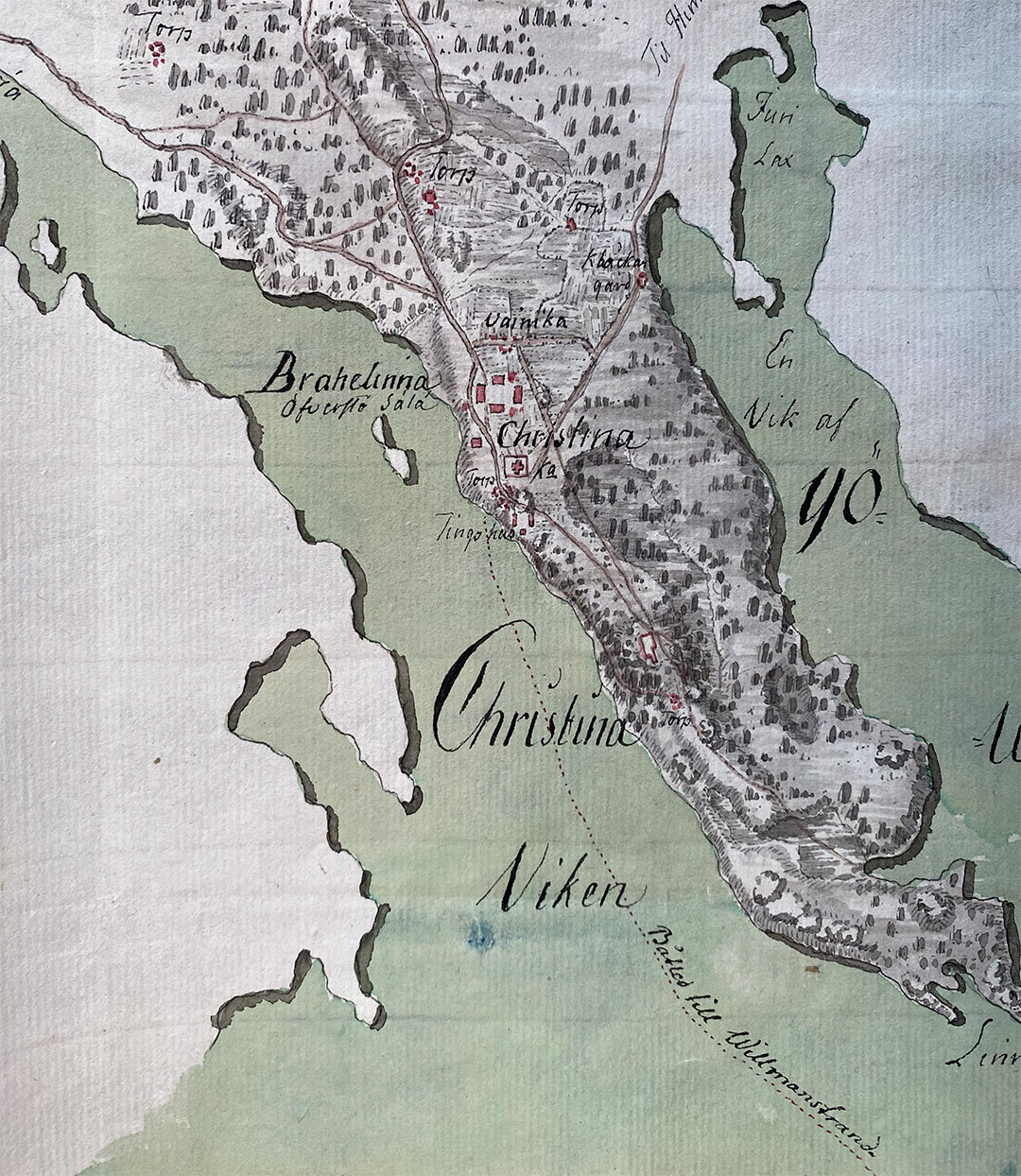 1700-luvulla piirretty kartta Ristiinan maaston ja vesistön muodoista. 