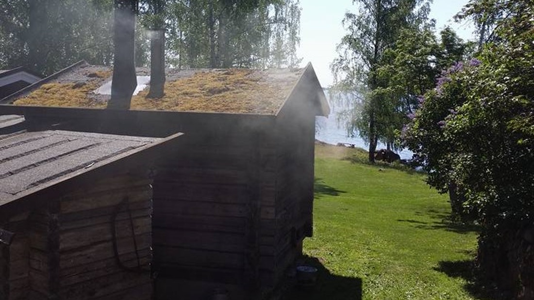 Puinen savusauna, josta nousee savua. Pihamaalla puita ja kukkivia syreenipensaita, taustalla järvenselkä. 