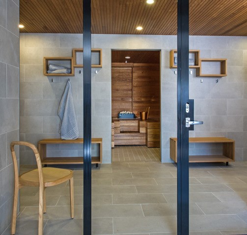 Modern sauna premises with the steam room and benches. 