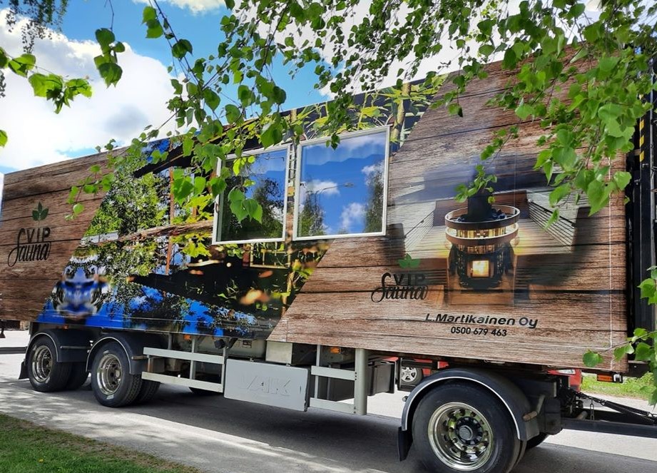 A truck wagon that has a built-in sauna. 